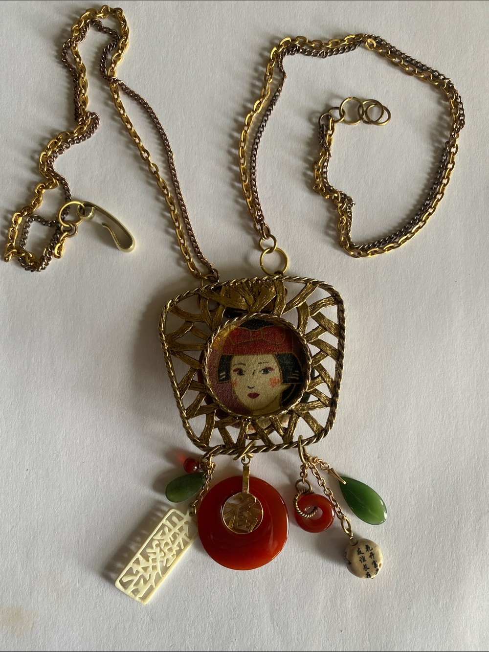 Mixed media Artisan Asian charms vintage upcycled Mikron Pendant Necklace